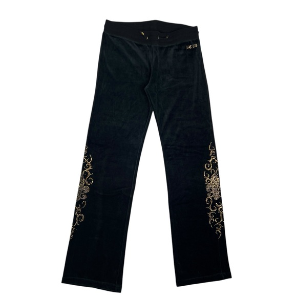 BCBG Maxazria Women Large Velour Track Pants Black with Gold Rhinestone - Picture 1 of 8